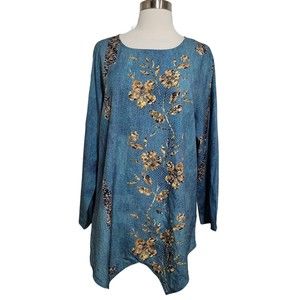 NWT Abilvia Teal Blue Floral Screen Print Asymmetric Hem Top Size XL